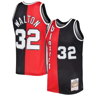 Men's Portland Trail Blazers Bill Walton Red/Black Hardwood Classics 1976/77 Split Swingman Jersey 01