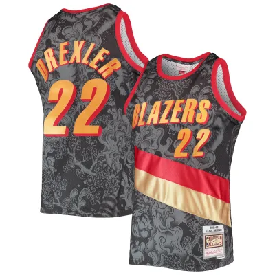Men's Portland Trail Blazers Clyde Drexler Black Hardwood Classics 1991/92 Lunar New Year Swingman Jersey 01
