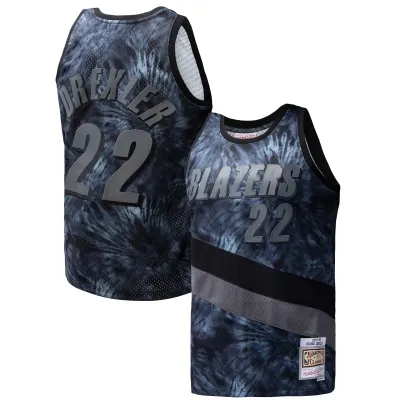 Men's Portland Trail Blazers Clyde Drexler Black Hardwood Classics 1991/92 Tie-Dye Swingman Jersey 01