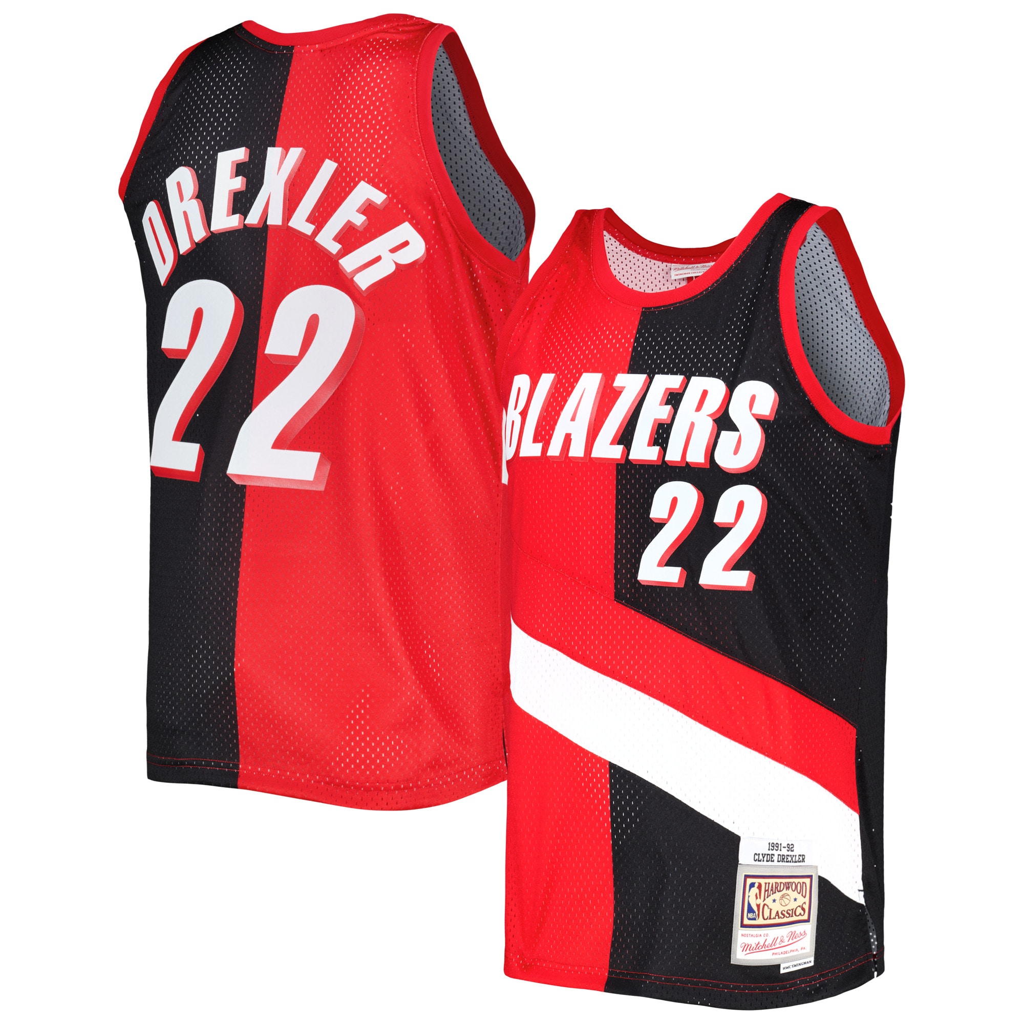 Men's Portland Trail Blazers Clyde Drexler Red/Black Hardwood Classics 1991/92 Split Swingman Jersey