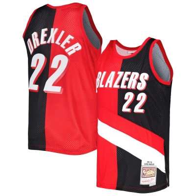 Men's Portland Trail Blazers Clyde Drexler Red/Black Hardwood Classics 1991/92 Split Swingman Jersey 01