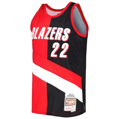 Men's Portland Trail Blazers Clyde Drexler Red/Black Hardwood Classics 1991/92 Split Swingman Jersey 02