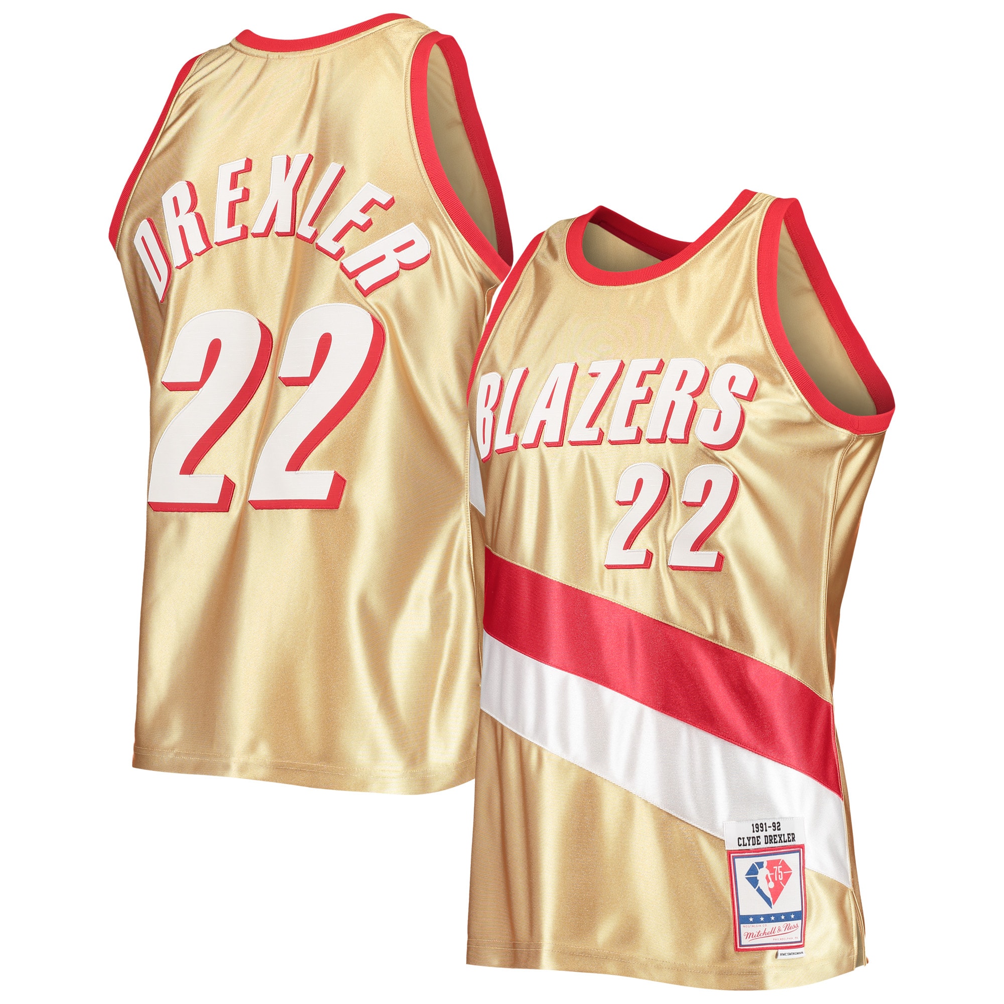 Men's Portland Trail Blazers Clyde Drexler Gold 75th Anniversary 1991/92 Hardwood Classics Swingman Jersey
