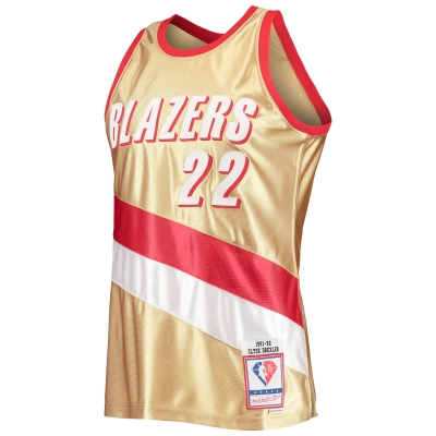 Men's Portland Trail Blazers Clyde Drexler Gold 75th Anniversary 1991/92 Hardwood Classics Swingman Jersey 02
