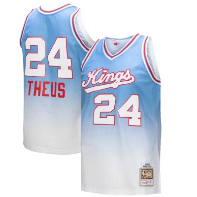 Men's Sacramento Kings Reggie Theus White/Light Blue 1985/86 Hardwood Classics Fadeaway Swingman Player Jersey 01