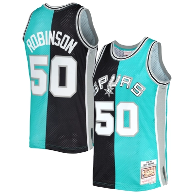 Men's San Antonio Spurs David Robinson Black/Teal Hardwood Classics 1998/99 Split Swingman Jersey 01
