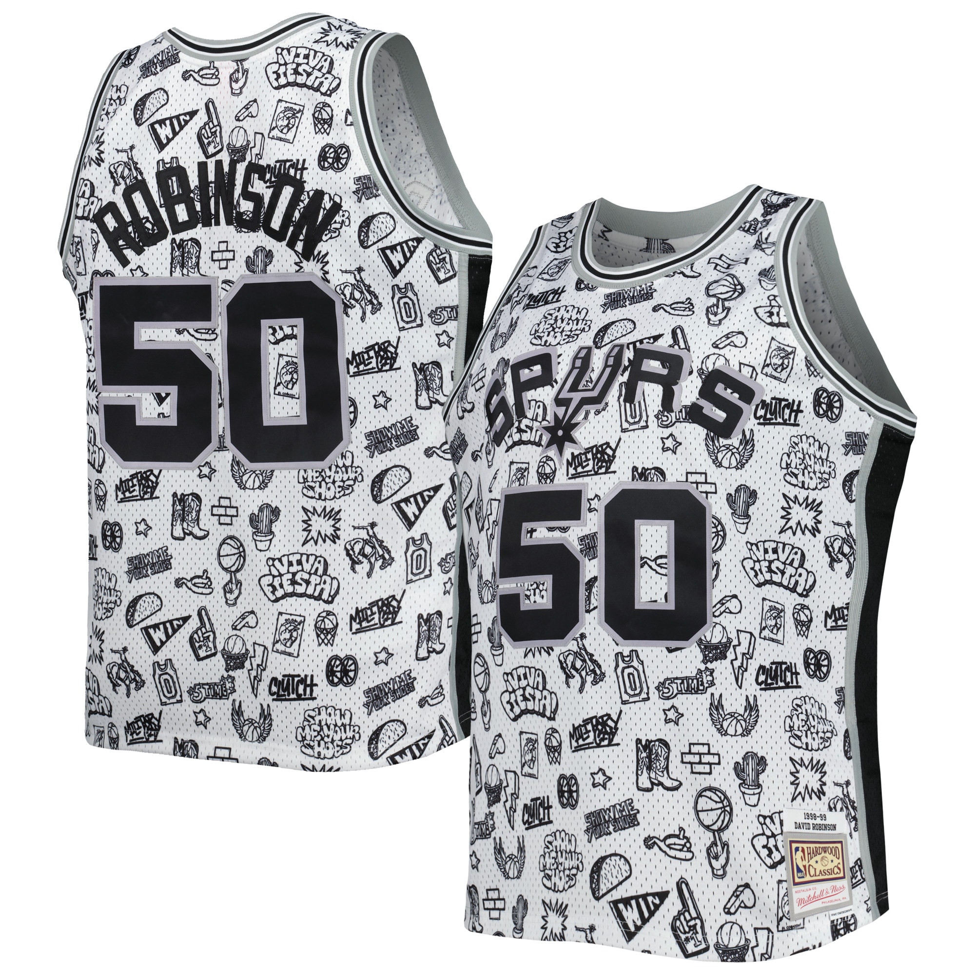 Men's San Antonio Spurs David Robinson White 1998/99 Hardwood Classics Doodle Swingman Jersey