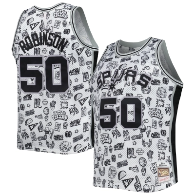 Men's San Antonio Spurs David Robinson White 1998/99 Hardwood Classics Doodle Swingman Jersey 01