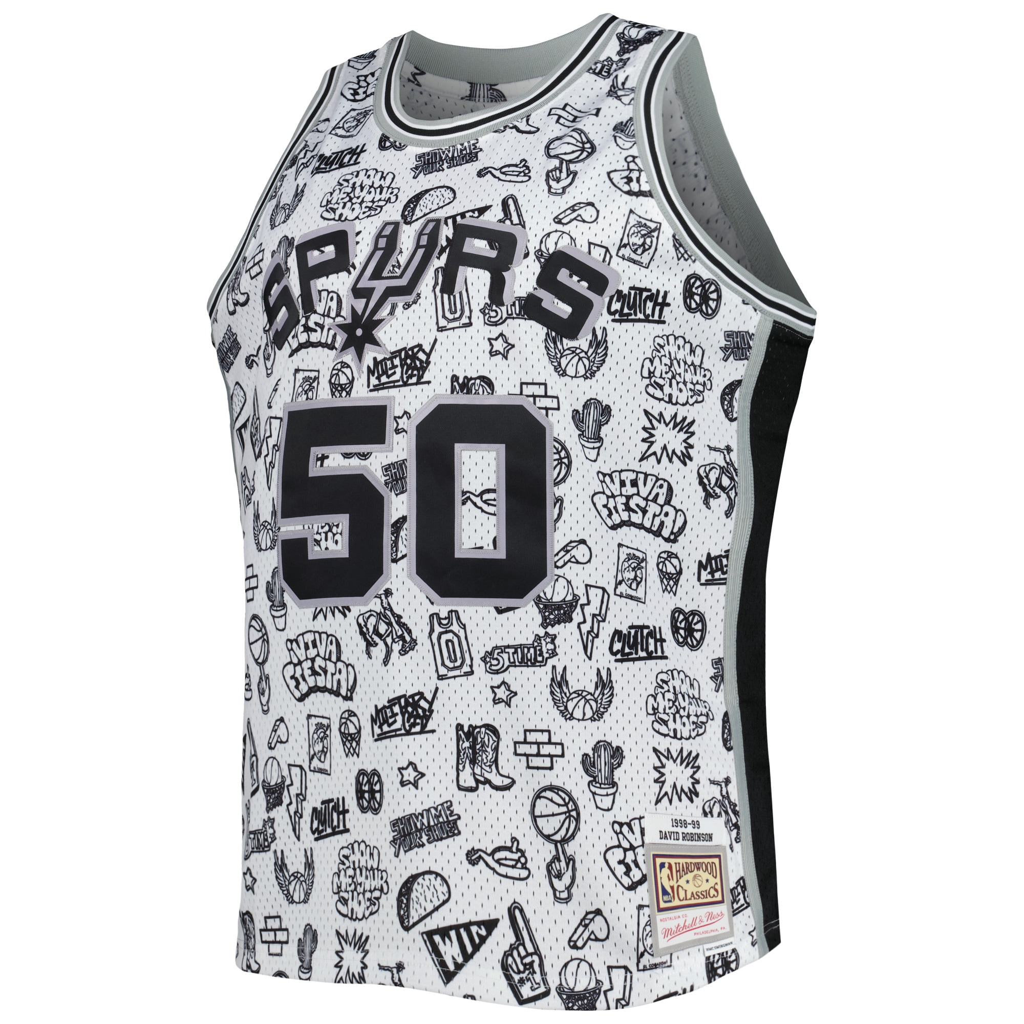 Men's San Antonio Spurs David Robinson White 1998/99 Hardwood Classics Doodle Swingman Jersey