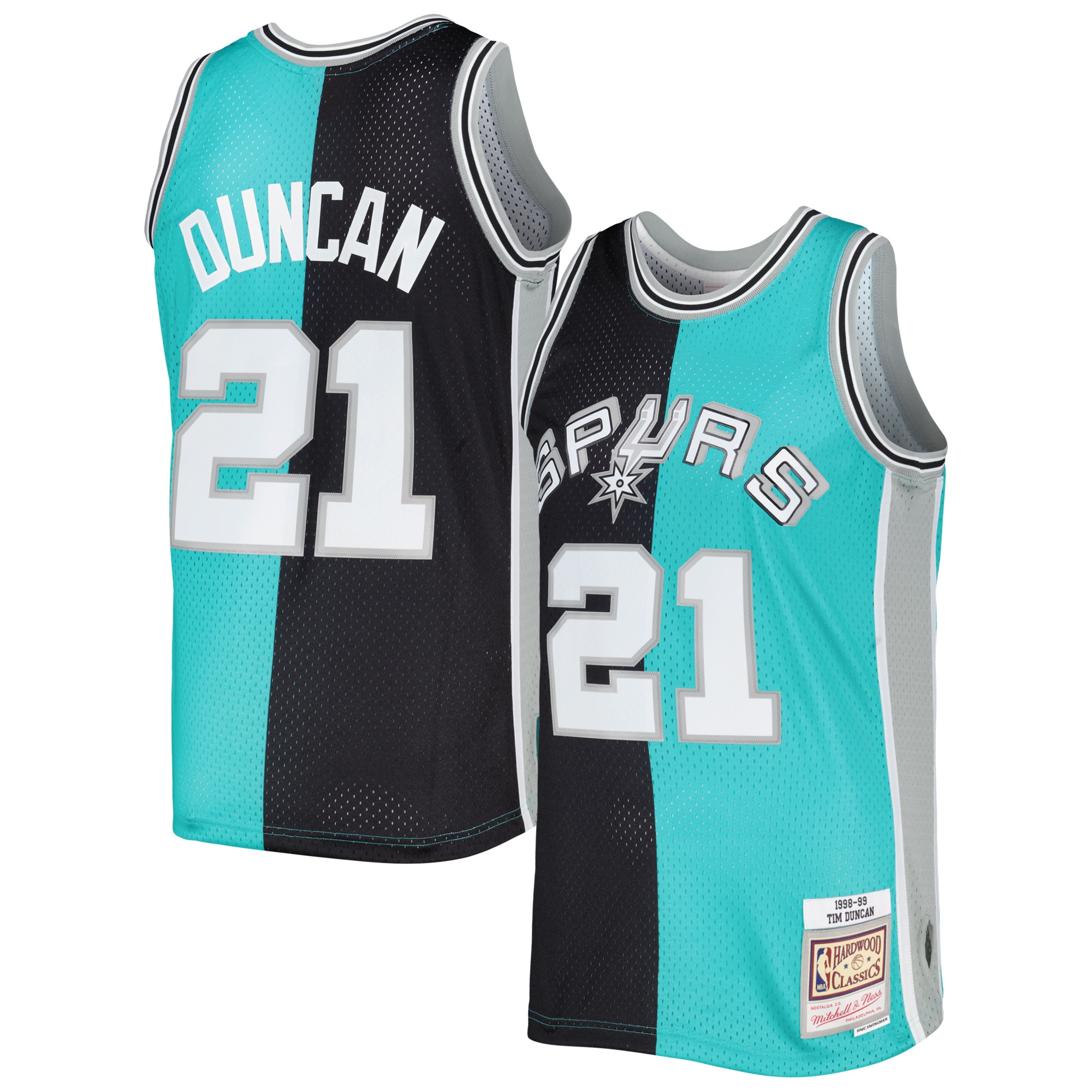 Men's San Antonio Spurs Tim Duncan Black/Teal Hardwood Classics 1998/99 Split Swingman Jersey