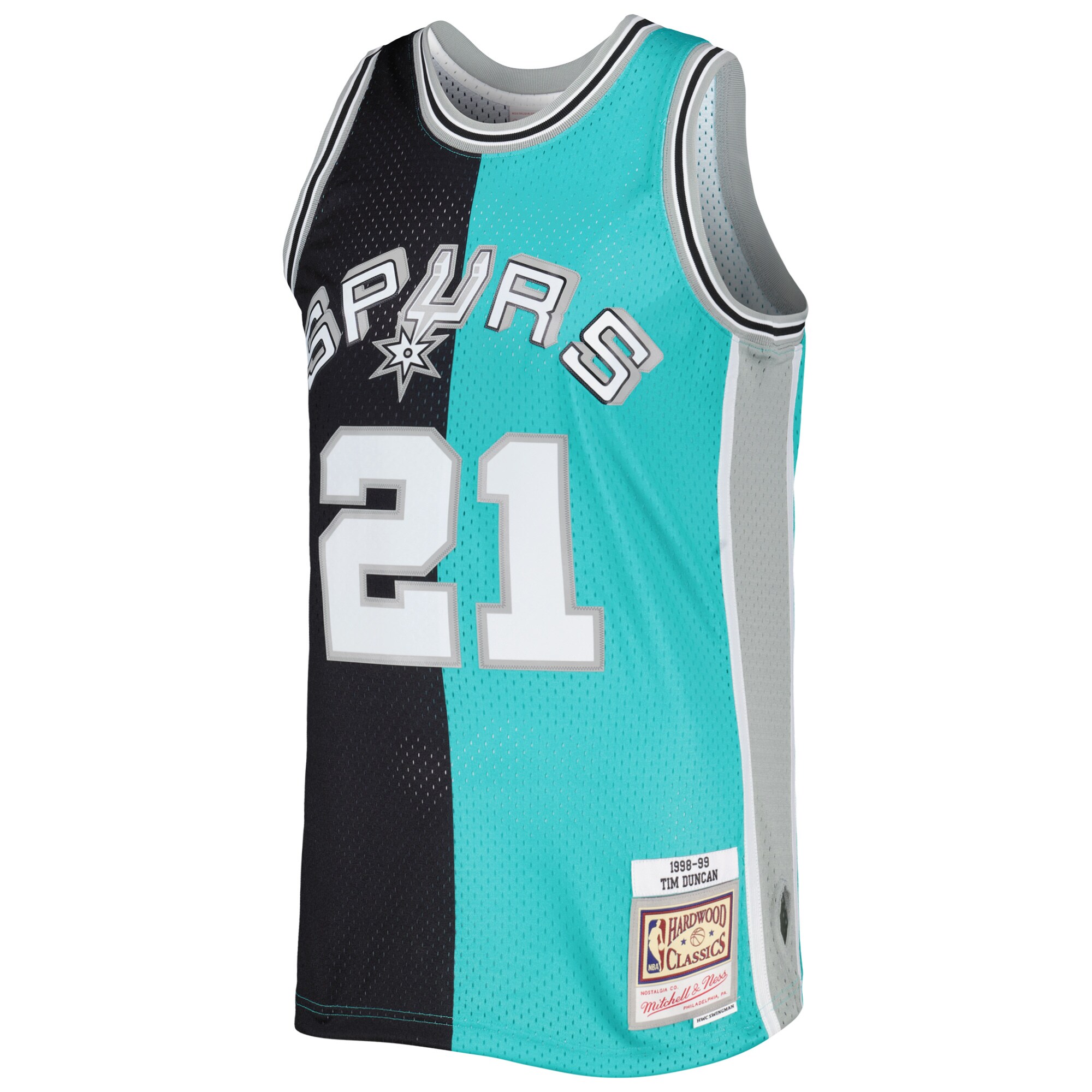 Men's San Antonio Spurs Tim Duncan Black/Teal Hardwood Classics 1998/99 Split Swingman Jersey