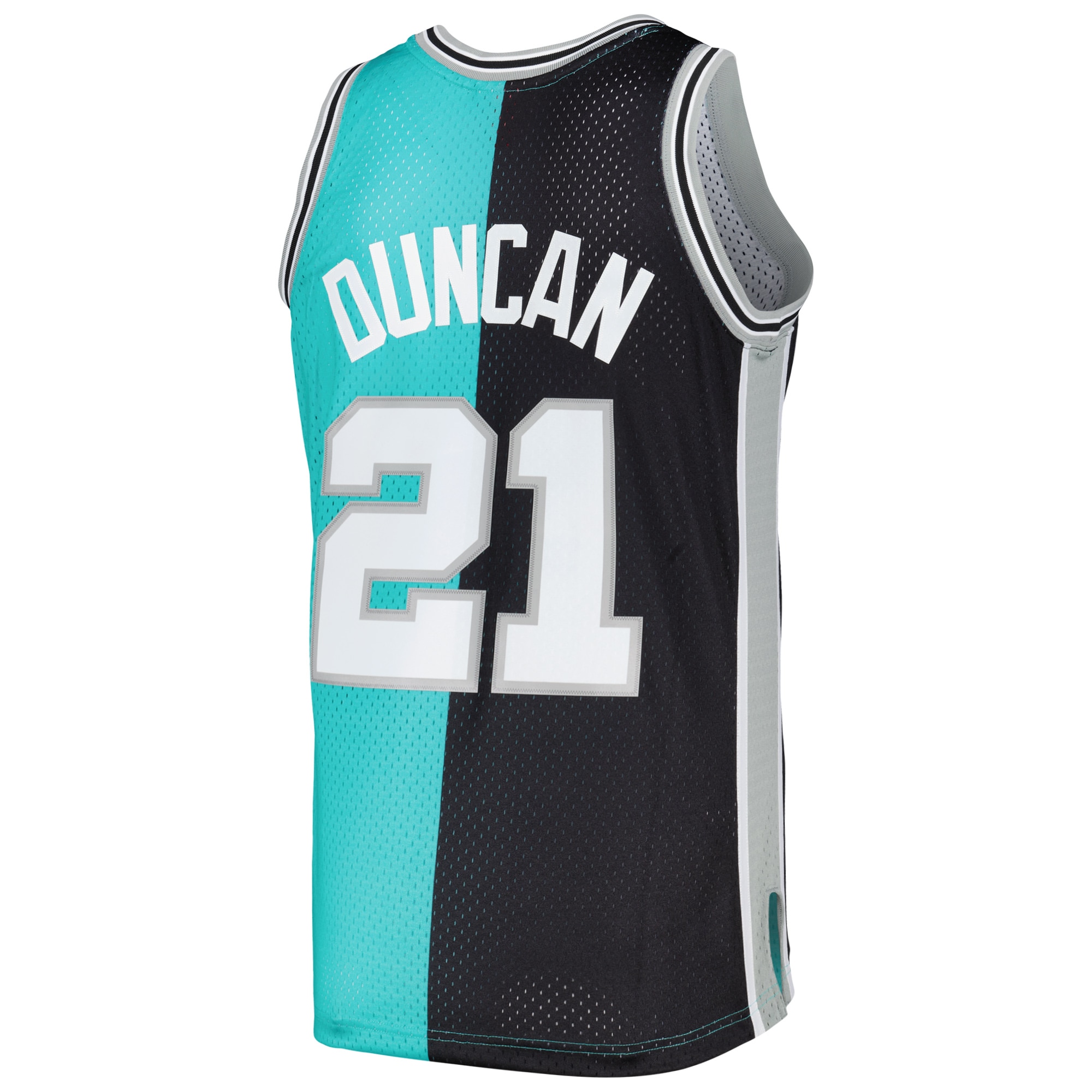 Men's San Antonio Spurs Tim Duncan Black/Teal Hardwood Classics 1998/99 Split Swingman Jersey
