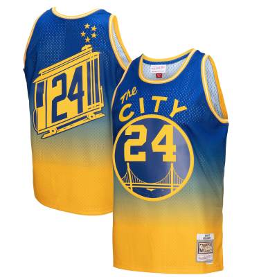 Men's San Francisco Warriors Rick Barry Gold/Royal 1966/67 Hardwood Classics Fadeaway Swingman Player Jersey 01