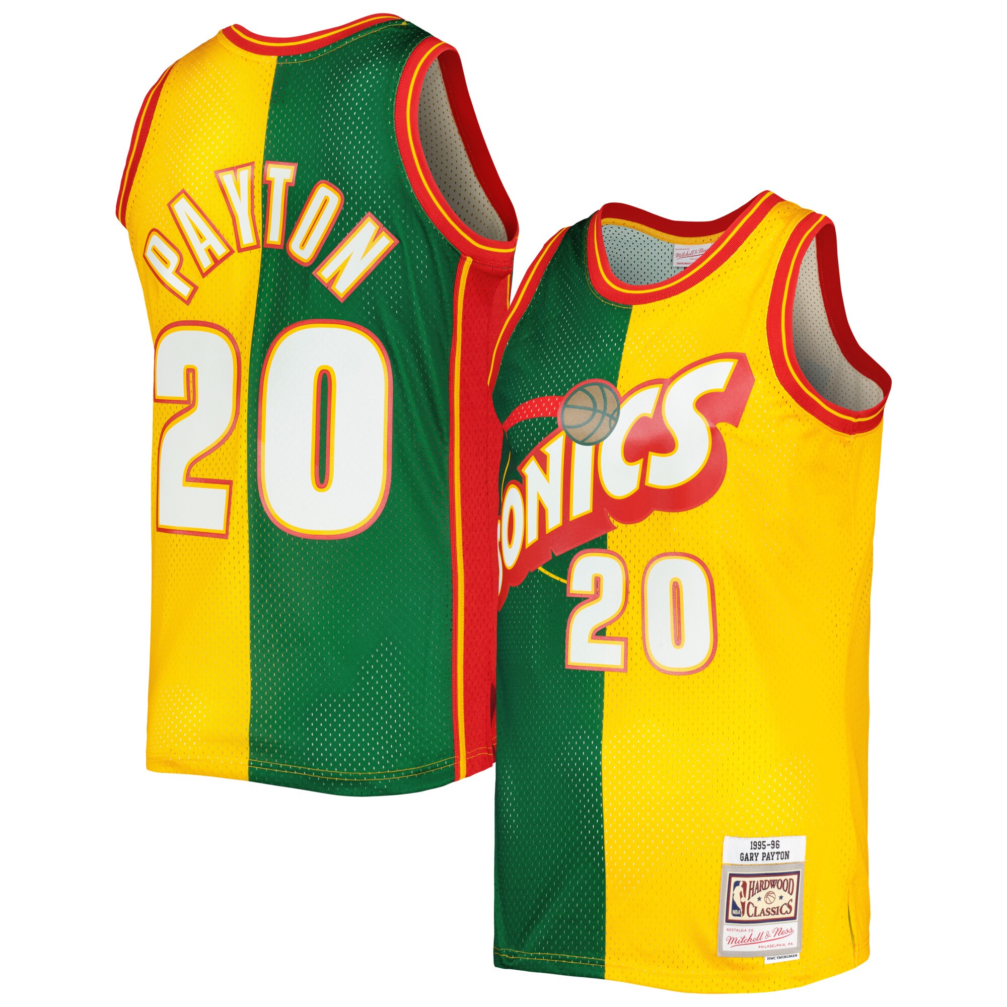 Men's Seattle SuperSonics Gary Payton Green/Gold Hardwood Classics 1995/96 Split Swingman Jersey