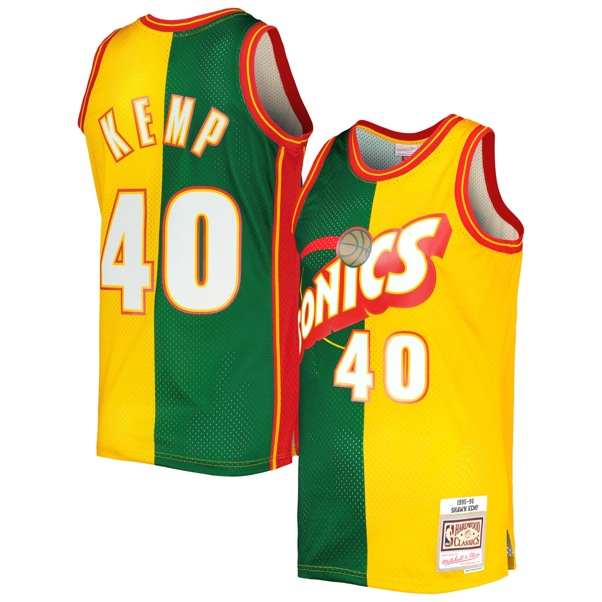 Men's Seattle SuperSonics Shawn Kemp Green/Gold Hardwood Classics 1995/96 Split Swingman Jersey
