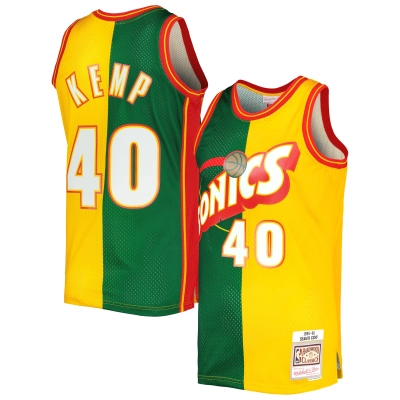 Men's Seattle SuperSonics Shawn Kemp Green/Gold Hardwood Classics 1995/96 Split Swingman Jersey 01