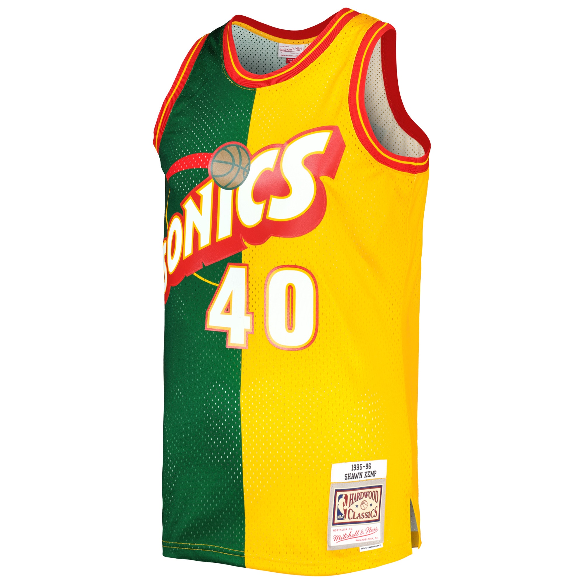 Men's Seattle SuperSonics Shawn Kemp Green/Gold Hardwood Classics 1995/96 Split Swingman Jersey