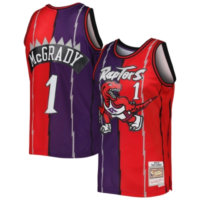 Men's Toronto Raptors Tracy McGrady Purple/Red Hardwood Classics Split Swingman Jersey 01