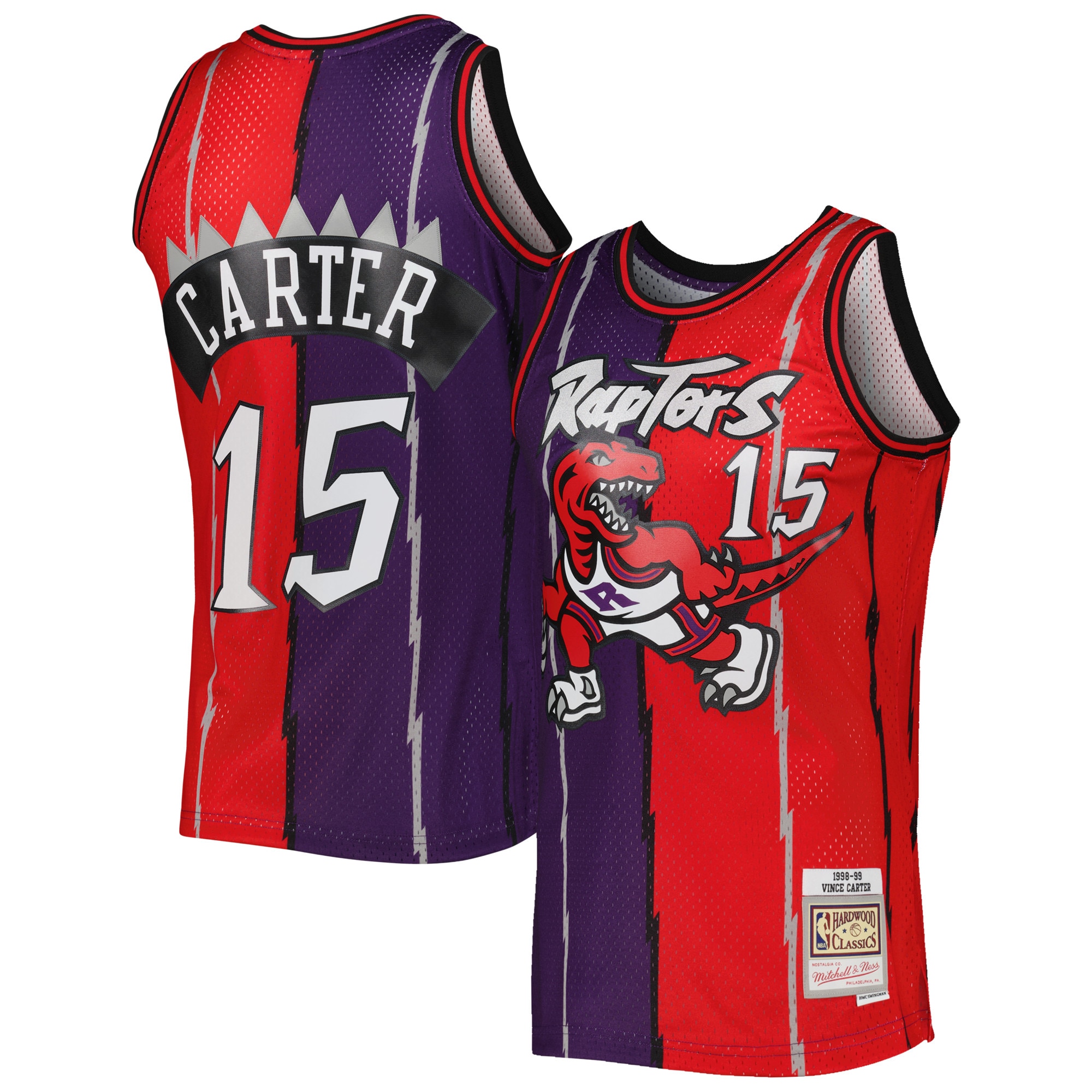 Men's Toronto Raptors Vince Carter Purple/Red Hardwood Classics 1998/99 Split Swingman Jersey