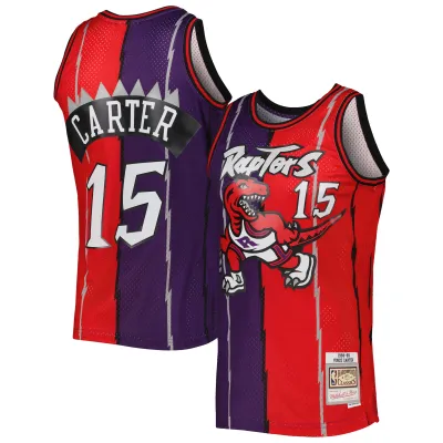 Men's Toronto Raptors Vince Carter Purple/Red Hardwood Classics 1998/99 Split Swingman Jersey 01