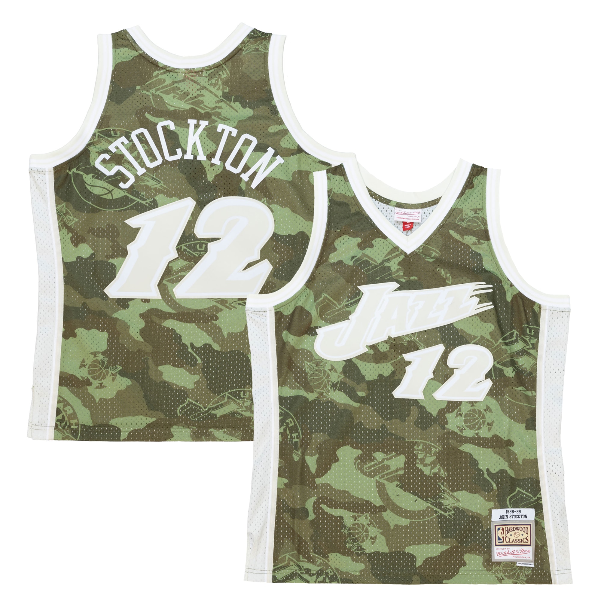 Men's Utah Jazz John Stockton Camo Hardwood Classics 1998/99 Ghost Green Swingman Jersey