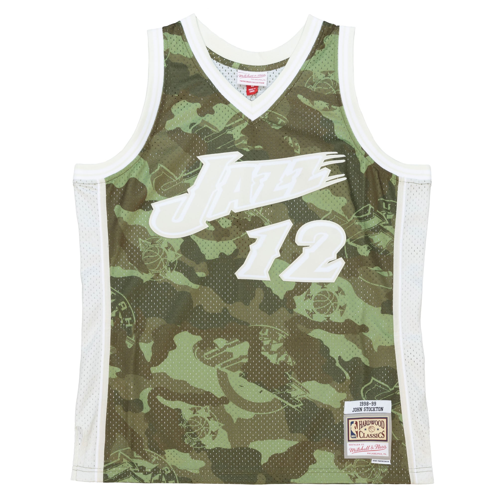 Men's Utah Jazz John Stockton Camo Hardwood Classics 1998/99 Ghost Green Swingman Jersey