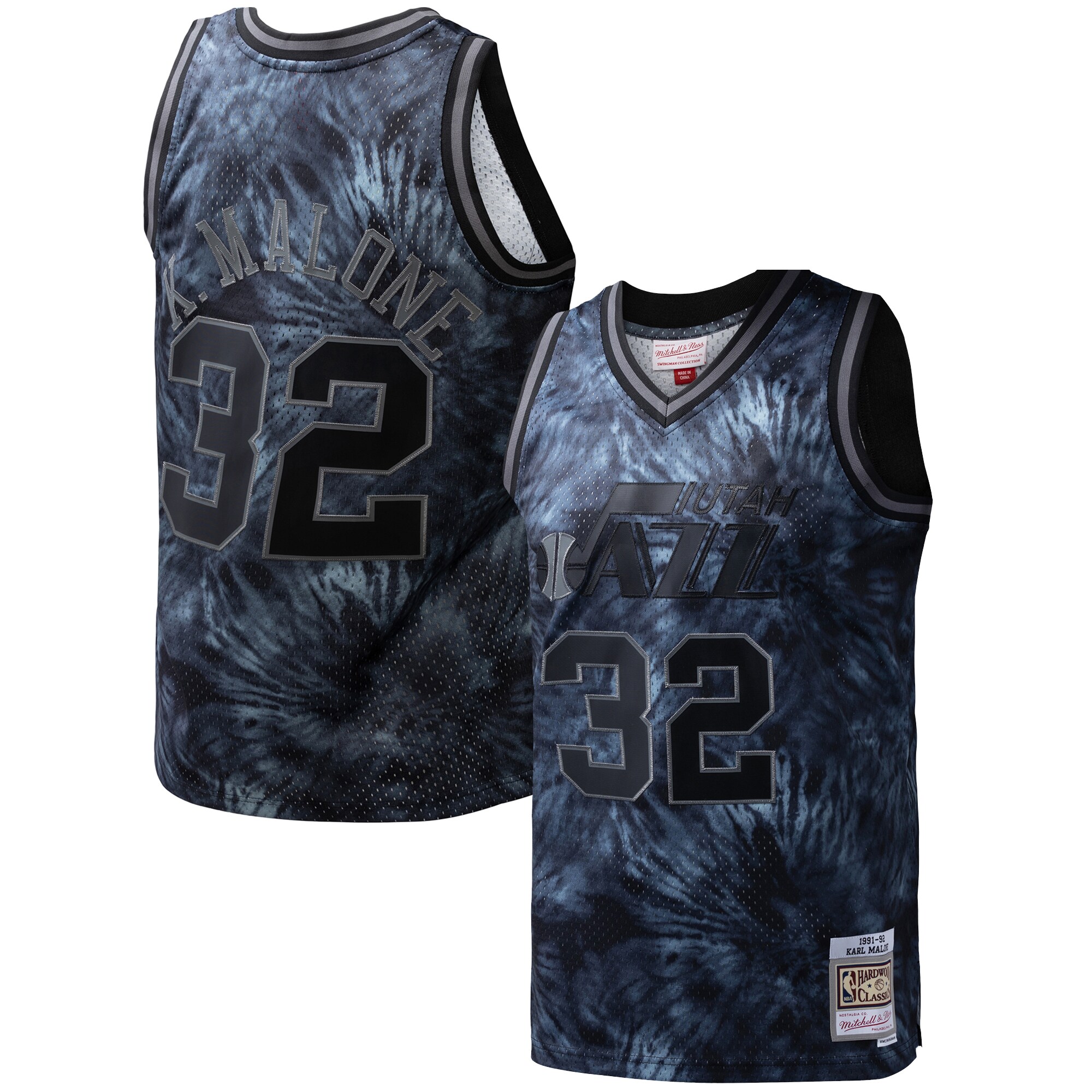 Men's Utah Jazz Karl Malone Black Hardwood Classics 1991/92 Tie-Dye Swingman Jersey