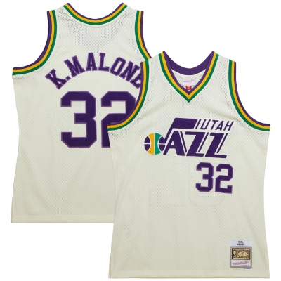 Men's Utah Jazz Karl Malone Cream Chainstitch Swingman Jersey 01