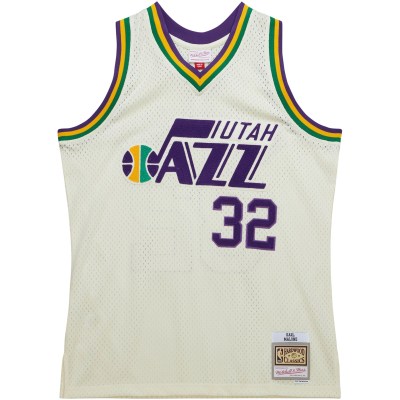 Men's Utah Jazz Karl Malone Cream Chainstitch Swingman Jersey 02
