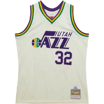 Men's Utah Jazz Karl Malone Cream Chainstitch Swingman Jersey 02