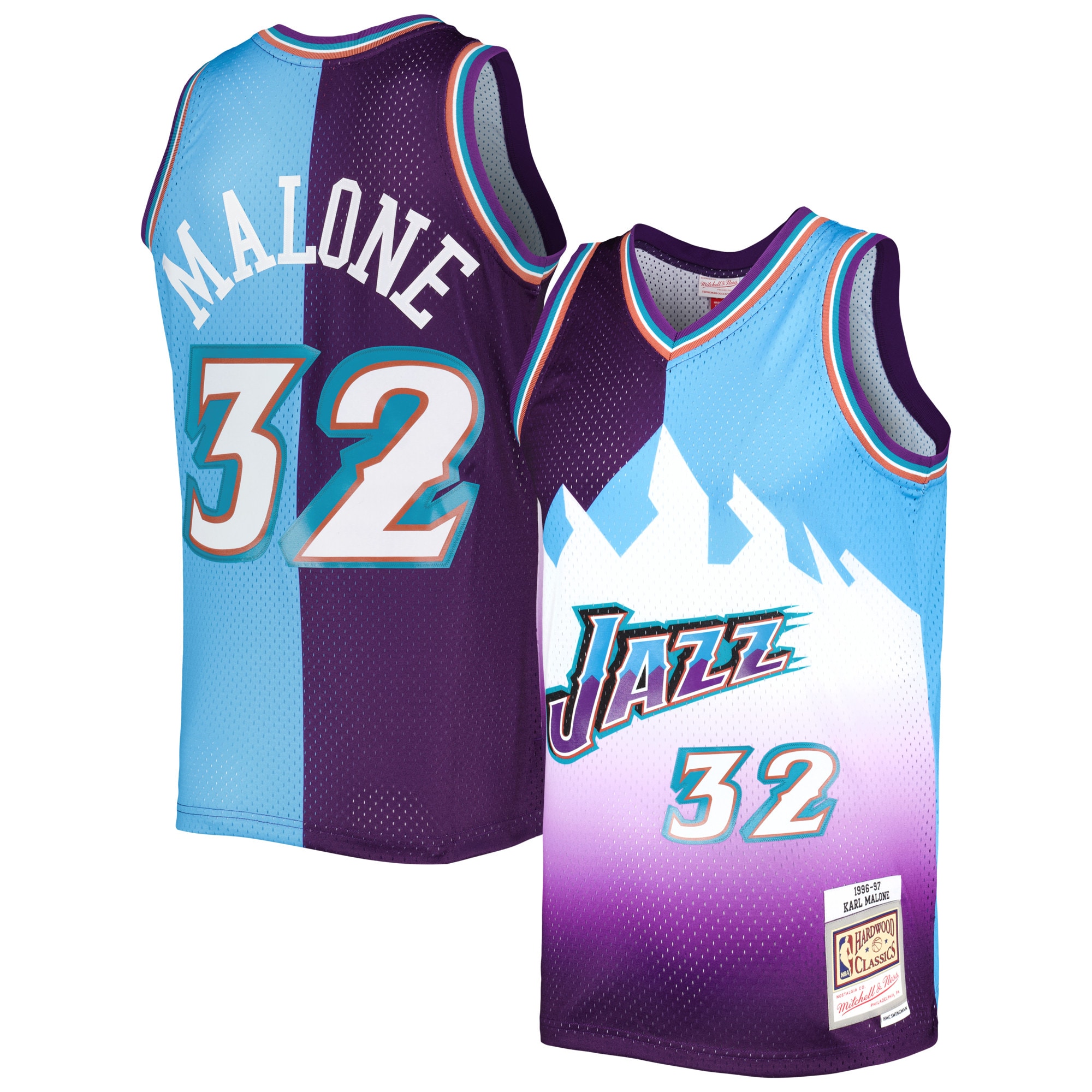Men's Utah Jazz Karl Malone Purple/Turquoise Hardwood Classics 1996/97 Split Swingman Jersey