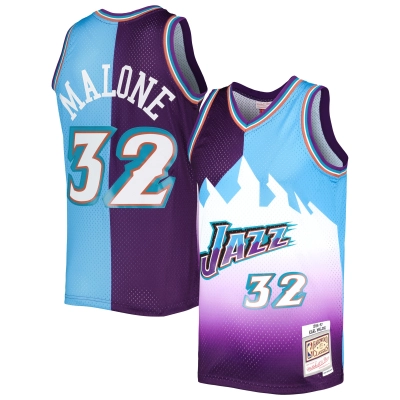 Men's Utah Jazz Karl Malone Purple/Turquoise Hardwood Classics 1996/97 Split Swingman Jersey 01