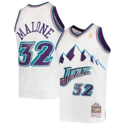 Men's Utah Jazz Karl Malone White 1996/97 Hardwood Classics Swingman Jersey 01