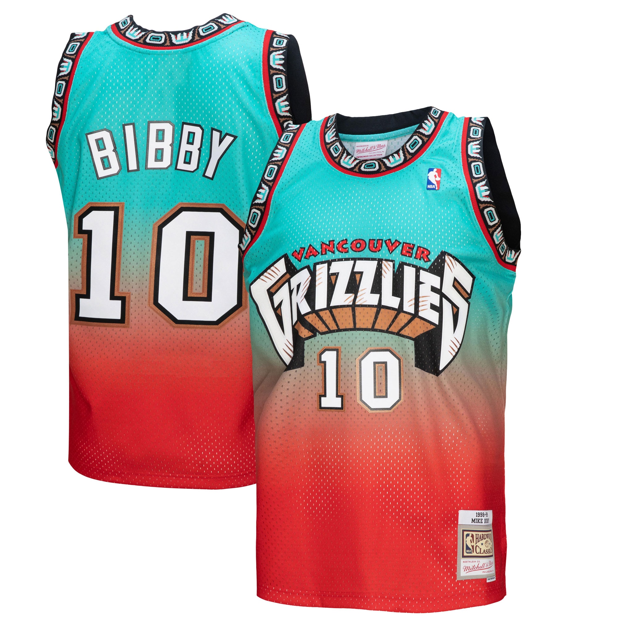 Men's Vancouver Grizzlies Mike Bibby Red/Teal 1998/99 Hardwood Classics Fadeaway Swingman Player Jersey