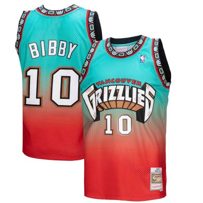 Men's Vancouver Grizzlies Mike Bibby Red/Teal 1998/99 Hardwood Classics Fadeaway Swingman Player Jersey 01