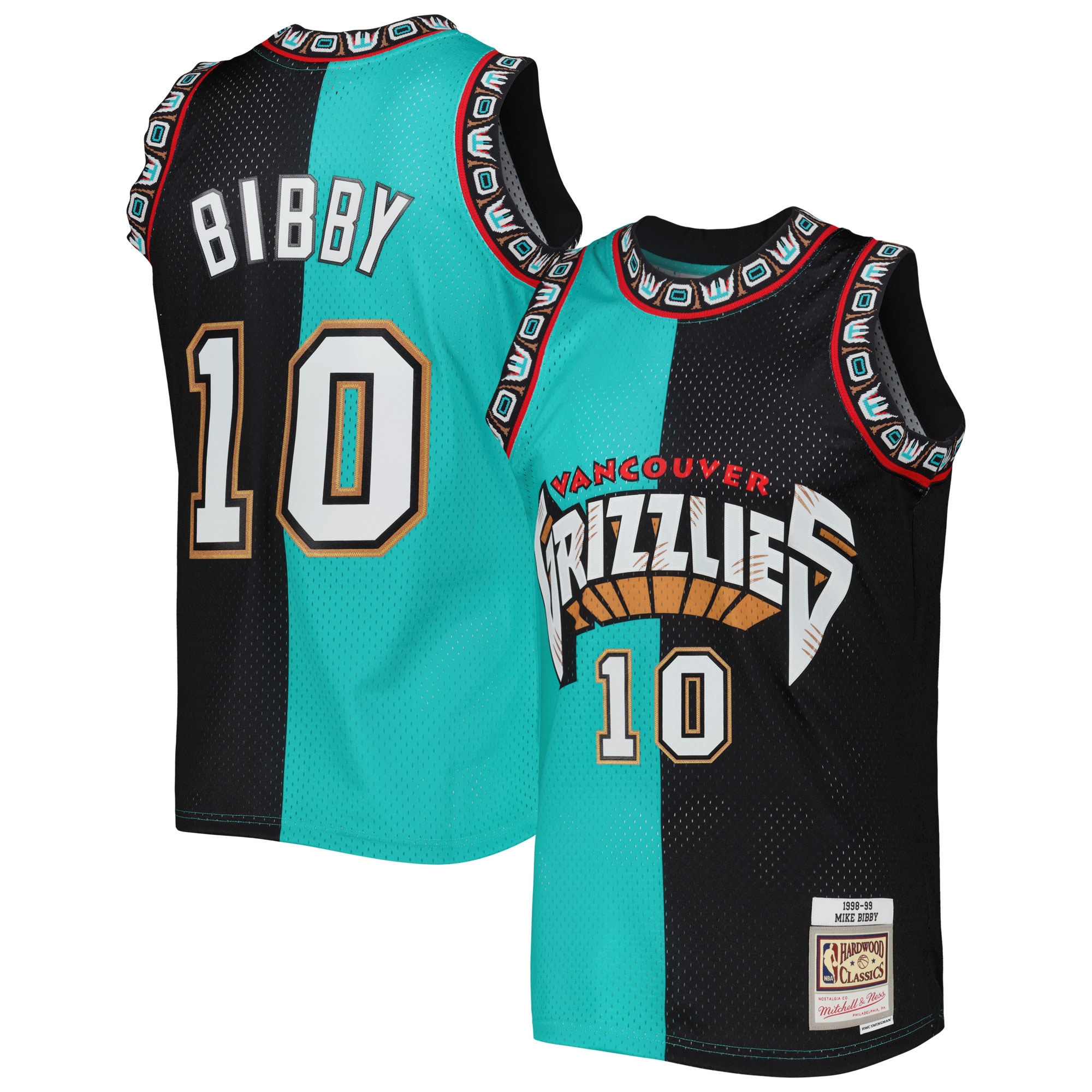 Men's Vancouver Grizzlies Mike Bibby Turquoise/Black Hardwood Classics 1998/99 Split Swingman Jersey