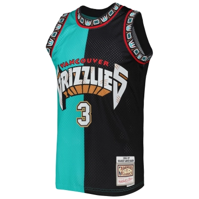 Men's Vancouver Grizzlies Shareef Abdur-Rahim Turquoise/Black Hardwood Classics 1996/97 Split Swingman Jersey 02