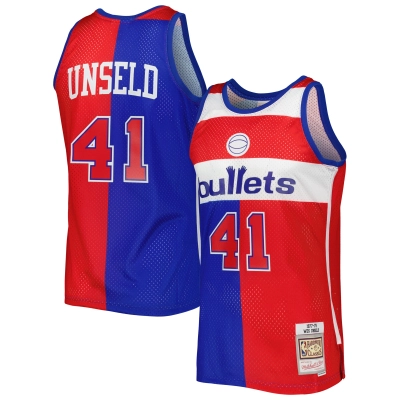 Men's Washington Bullets Wes Unseld Blue/Red Hardwood Classics 1977/78 Split Swingman Jersey 01