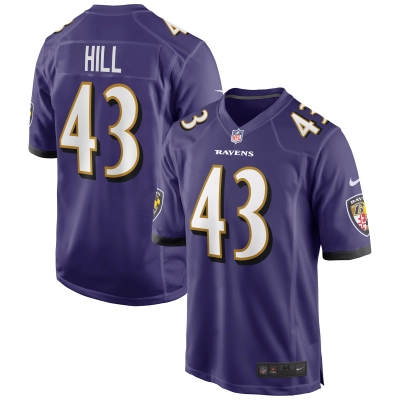 Men's Baltimore Ravens Justice Hill Purple Game Jersey 01