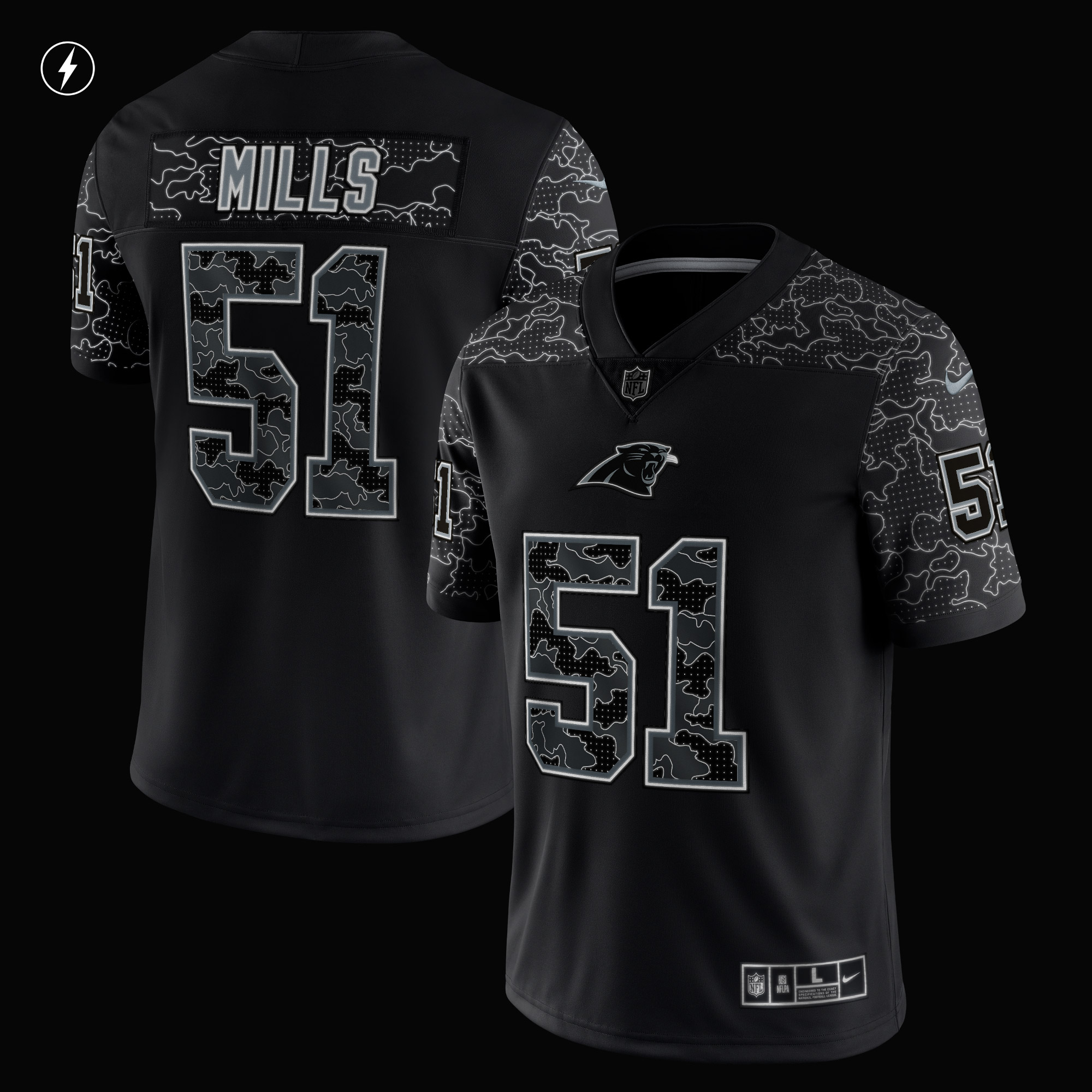Men's Carolina Panthers Sam Mills Black Retired Player RFLCTV Limited Jersey