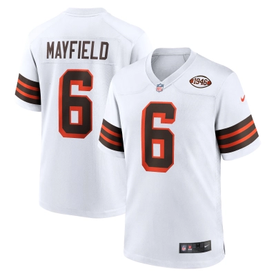 Men's Cleveland Browns Baker Mayfield White 1946 Collection Alternate Game Jersey 01