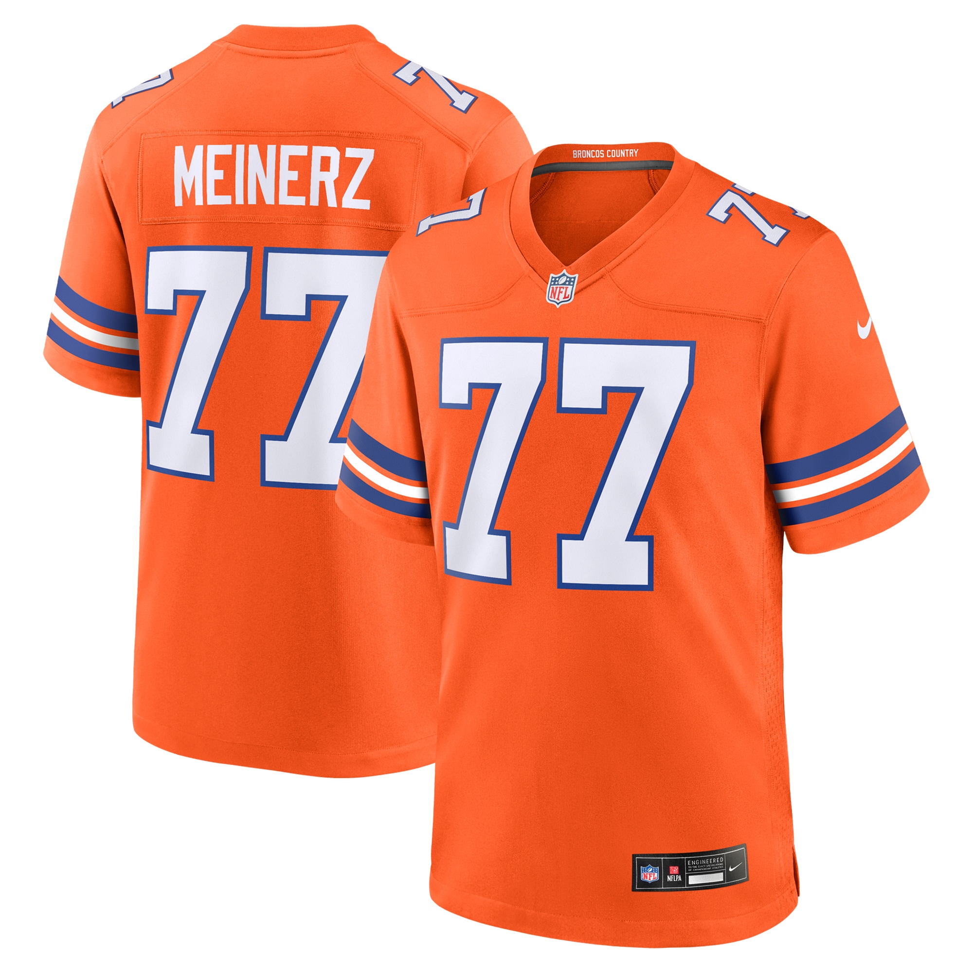 Men's Denver Broncos Quinn Meinerz Orange Mile High Collection 1977 Throwback Player Game Jersey