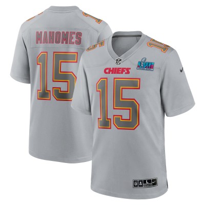 Men's Kansas City Chiefs Patrick Mahomes Gray Super Bowl LVII (2022 Season) Patch Atmosphere Fashion Game Jersey 01