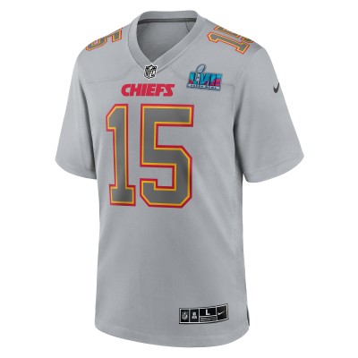 Men's Kansas City Chiefs Patrick Mahomes Gray Super Bowl LVII (2022 Season) Patch Atmosphere Fashion Game Jersey 02