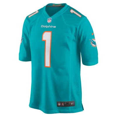 Men's Miami Dolphins Number 1 Groom Aqua Game Jersey 02