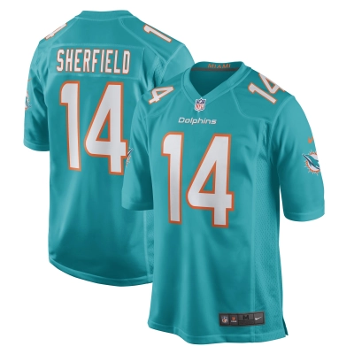 Men's Miami Dolphins Trent Sherfield Aqua Game Player Jersey 01