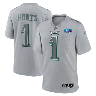 Men's Philadelphia Eagles Jalen Hurts Gray Super Bowl LVII Patch Atmosphere Fashion Game Jersey 01