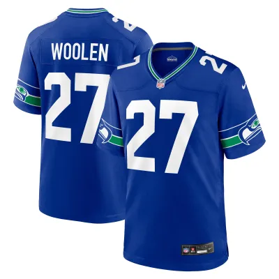 Men's Seattle Seahawks Tariq Woolen Royal Throwback Player Game Jersey 01