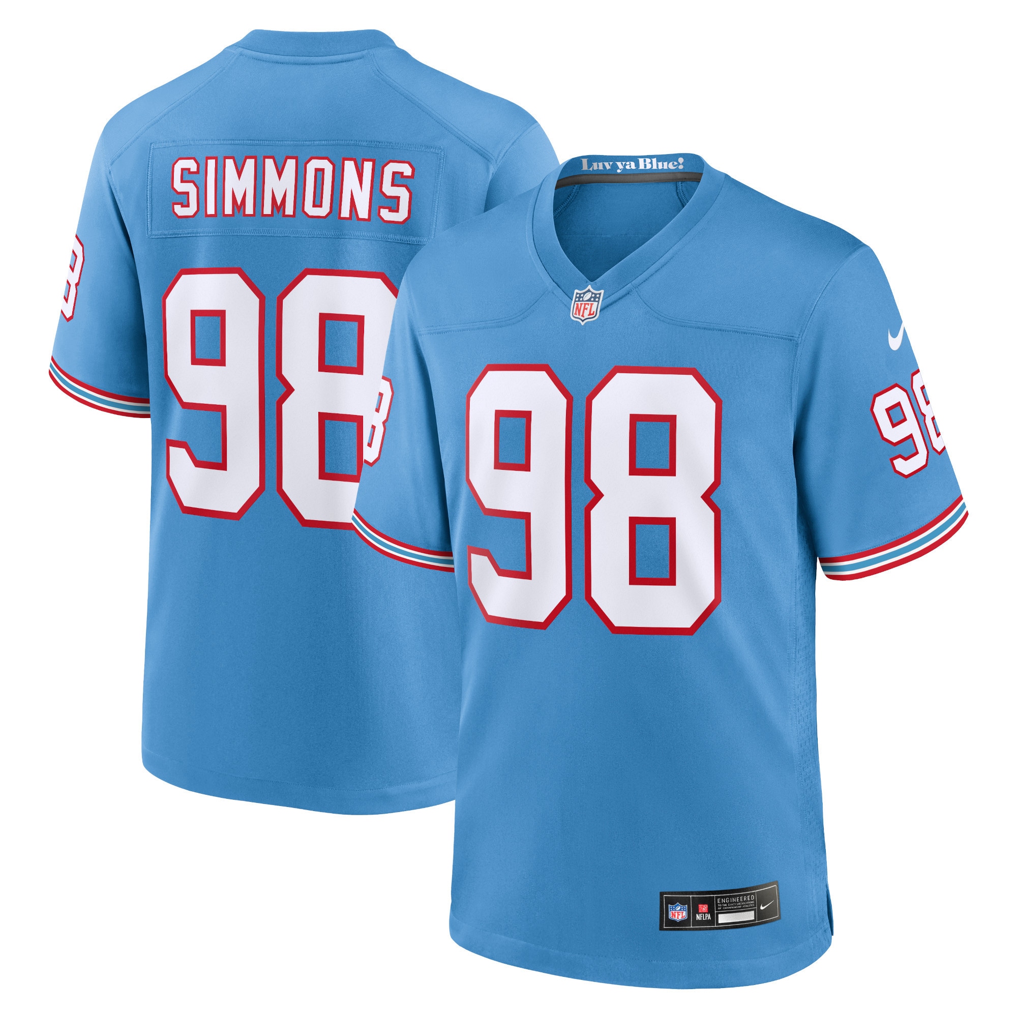 Men's Tennessee Titans Jeffery Simmons Light Blue Oilers Throwback Alternate Game Player Jersey