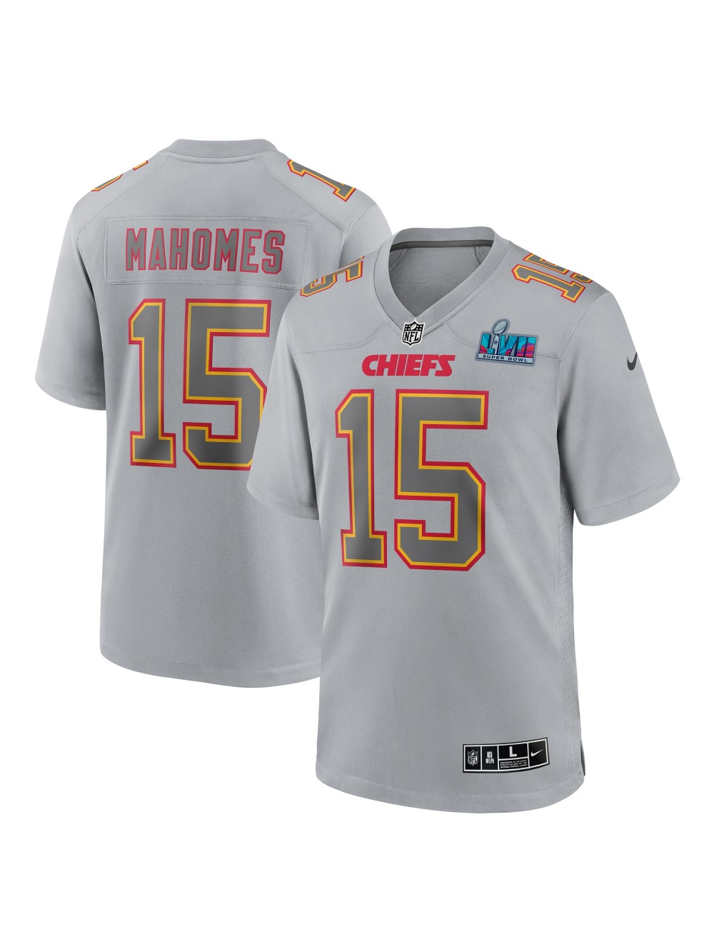 Men's Kansas City Chiefs Patrick Mahomes Nike Gray Super Bowl LVII (2022 Season) Patch Atmosphere Fashion Game Jersey